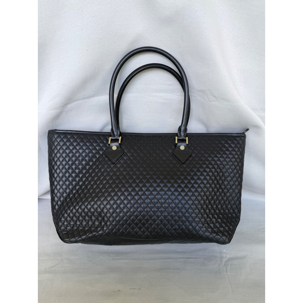Brooks Brothers Black Quilted Leather Tote Bag Hardware Zip Top Handbag Silver